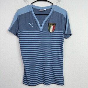 Puma Shirt Mens S Blue Striped Short Sleeve Italia FIGC Soccer Henley Athleisure